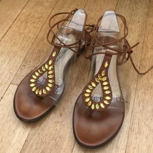 Jimmy Choo Vintage Tan Leather Beaded Strappy Flat Sandals size 37.5
